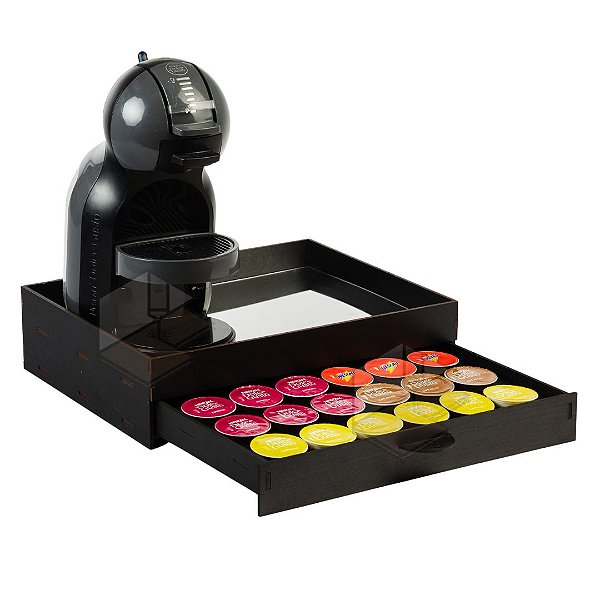 Kit 10 Bandejas Porta 24 Capsulas Espelhada com Gaveta Organizadora Preta Cantinho do Café em MDF