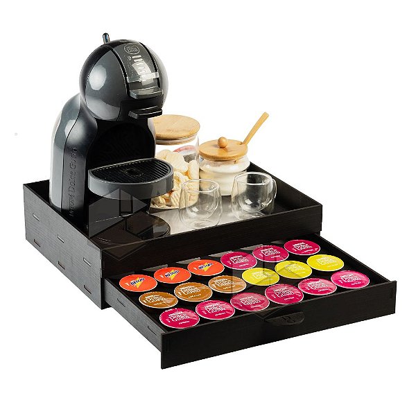 Kit 10 Bandejas Cantinho do Cafe Acrílico Com Gaveta Embutida Porta 24 Capsulas Preta em MDF