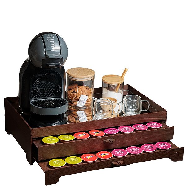 Kit 10 Bandejas Com 2 Gavetas Embutida Porta 80 Cápsulas Marrom Espelhada Dolce Gusto Três Corações Nespresso MDF