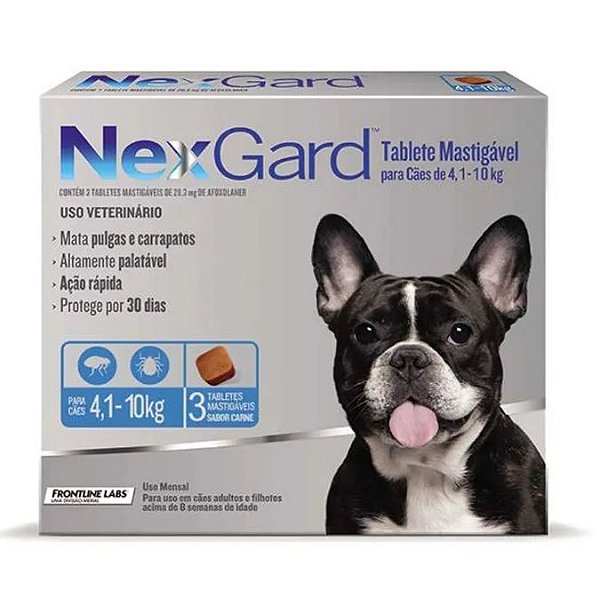 NexGard Antipulgas e Carrapatos de 4,1 a 10kg para Cães 3 tabletes