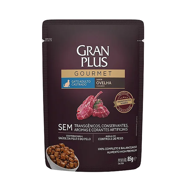 Ração Úmida GranPlus Gourmet Sachê Gatos Castrados Ovelha 85G