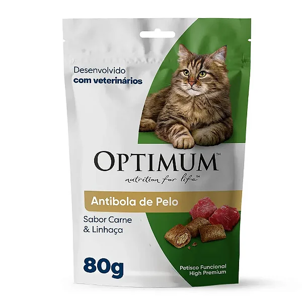 Petisco Optimum Gatos Adultos Anti Bola de Pelo Carne e Linhaça 80 g