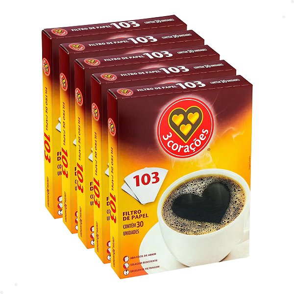 Filtro de Papel 3 Corações 103 com 30 Unidades - Kit com 5 Pacotes