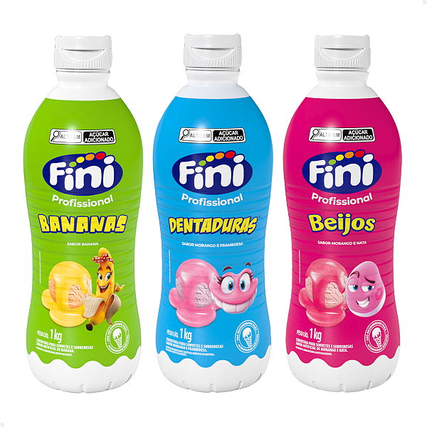 Kit 3 Calda para Sorvete Cobertura Fini 1kg - Banana, Dentaduras e Beijos