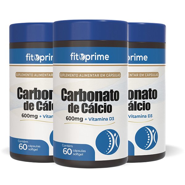 KIt 3 Potes de Carbonato de Cálcio 600MG + Vitamina D3 Fitoprime