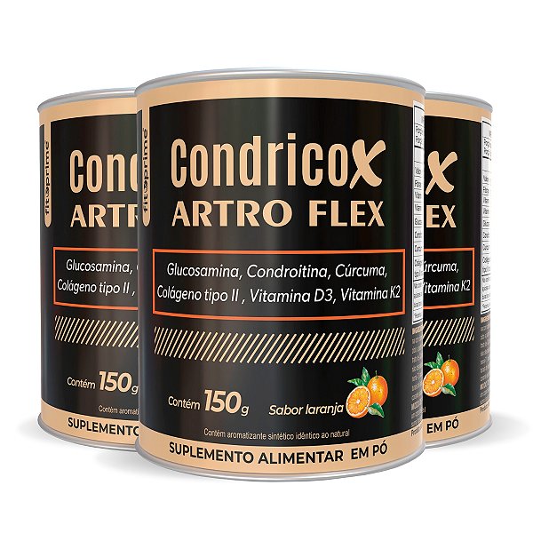 Kit 3 Potes de Condricox Artro Flex - Glucosamina, Condroitina, Cúrcuma, Colágeno Tipo 2 com Vitaminas D3 e K2