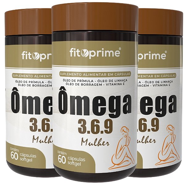 Kit 3 Potes de Ômega 3 6 9 Mulher - Prímula, Linhaça e Borragem Fitoprime