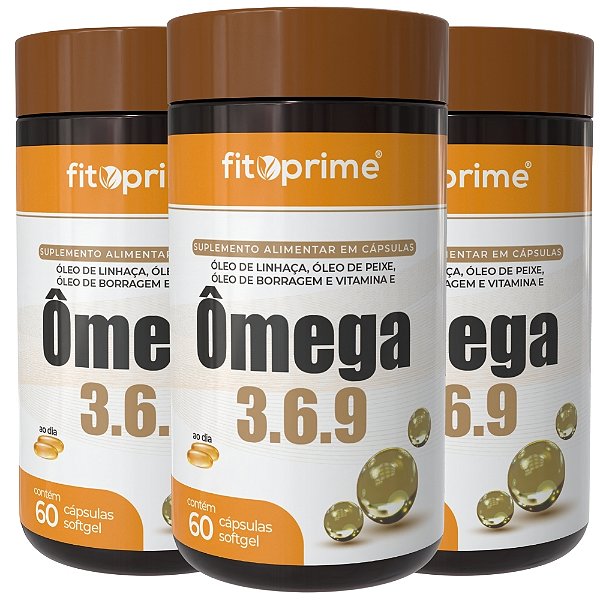 Kit 3 Potes de Ômega 3 6 9 Peixe, Linhaça e Borragem + Vitamina E Fitoprime