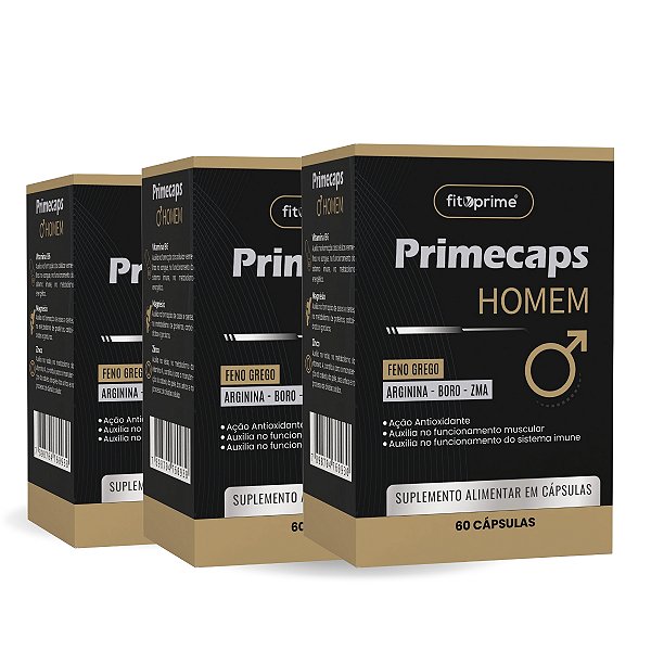 Kit 3 Potes de Primecaps Homem - Feno Grego, Arginina, Boro, ZMA + Vitamina B6 Fitoprime