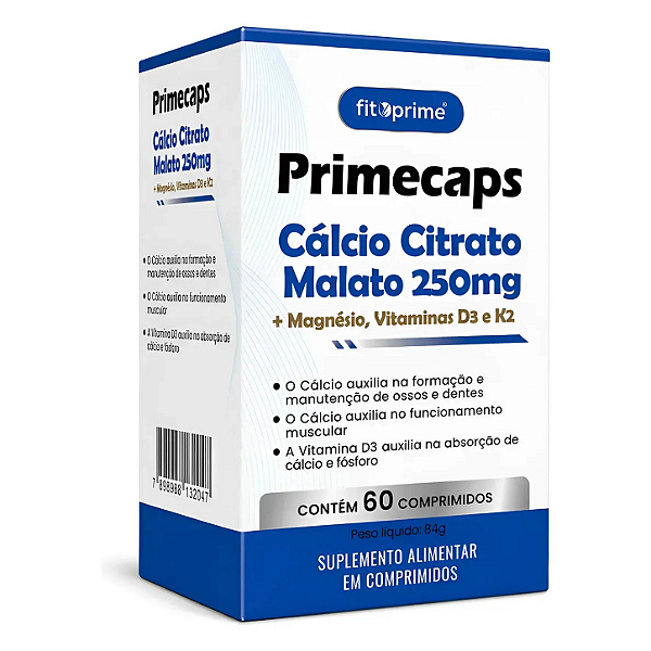Cálcio Citrato Malato + Magnésio, Vitaminas D3 e K2 Primecaps 60 Comprimidos