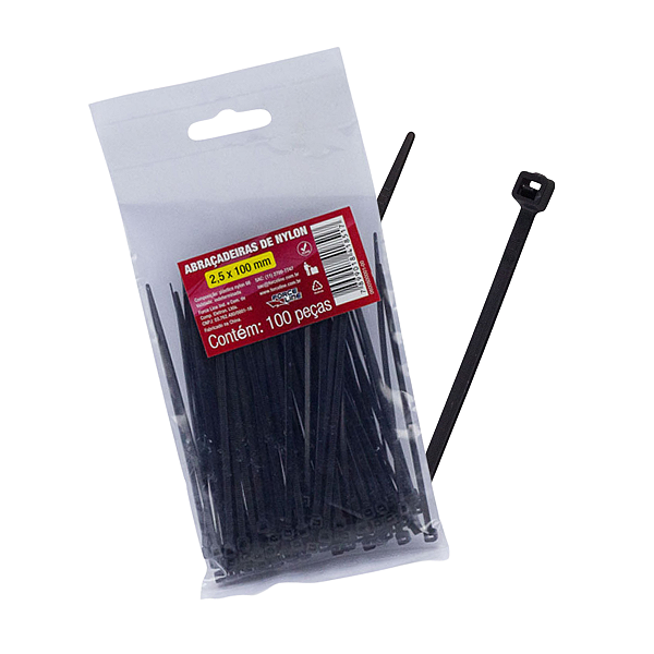 100 Abraçadeiras de Nylon Preto 2,5mm X 100mm