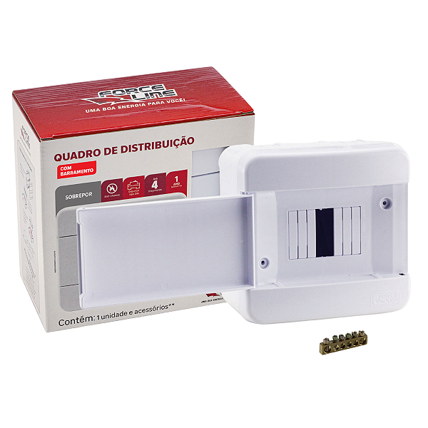 Quadro de Distribuição de Sobrepor Branco Para 4 Disjuntores DIN + Barramento
