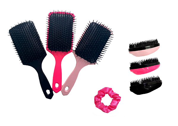 Kit Escova Raquete Almofadada Tamanho G + Escova Oval e Xuxinha de Cetim
