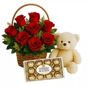 Cesta de Rosas e Chocolate