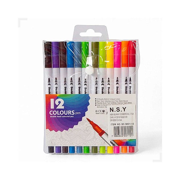 Kit Canetas 2 em 1 Brush Pen + Fineliner - 12 Cores
