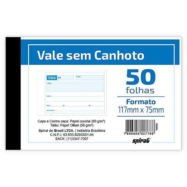 VALE SEM CANHOTO C/50 FOLHAS 117X75MM SPIRAL