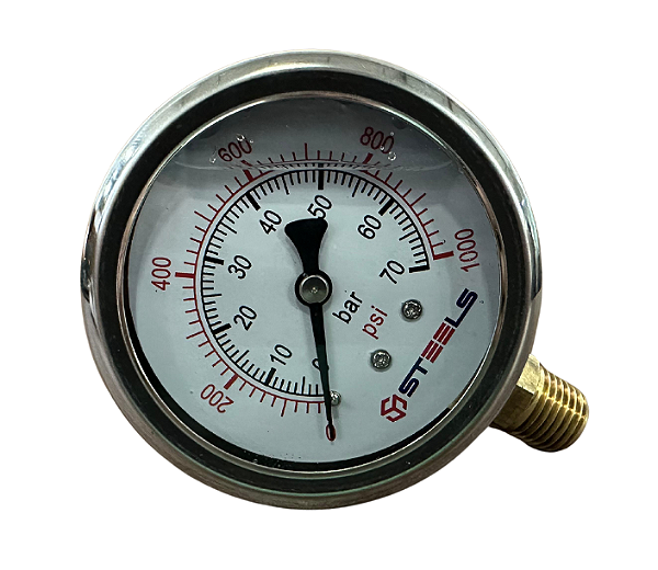 Manometro 1/4 -1000PSI - Vertical - C/Glicerina - 12022 - STEELS