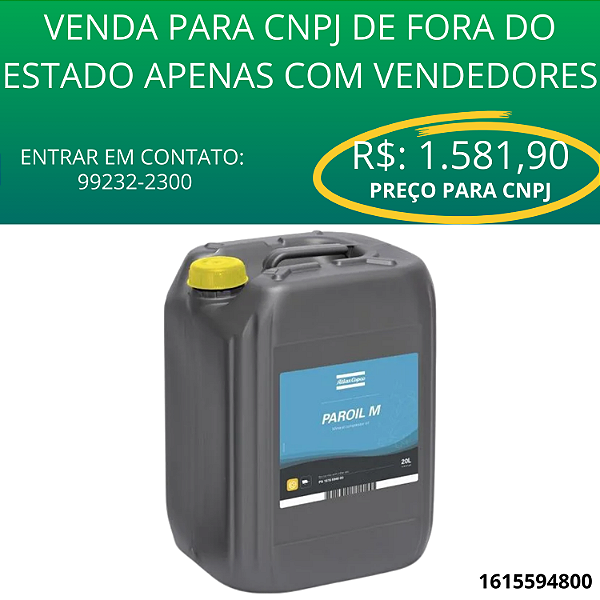 Óleo Lubrificante Mineral Paroil M 20 Litros 1.000 Horas - 1615594800 Atlas Copco