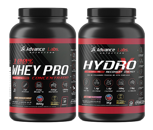 Whey Protein 100% Concentrado Pote 900gr Chocolate Duplo + Hydro-X 1kg Melancia
