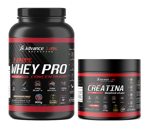 Whey Protein 100% Concentrado Chocolate Duplo 900gr + Pure Creatina 100% Monohidratada sem Sabor 300gr