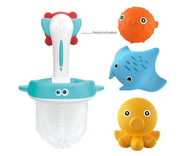 Brinquedo para Banho Bebe WAKAII kit de redinha com Arraia, Polvo e Baiacu