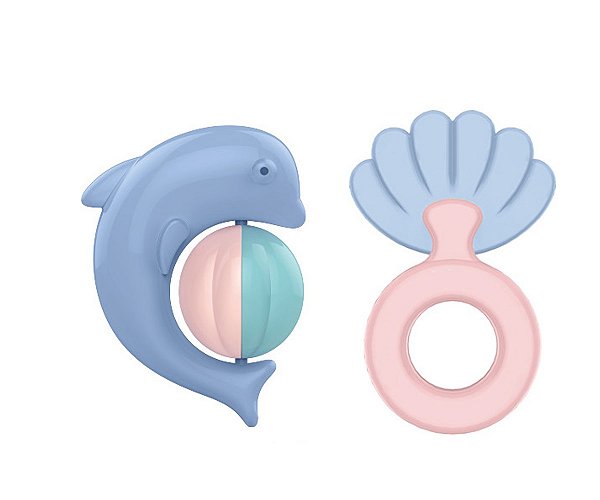 Mordedor Chocalho Bebê Kit 2 Infantil Menina com golfinho e conchas
