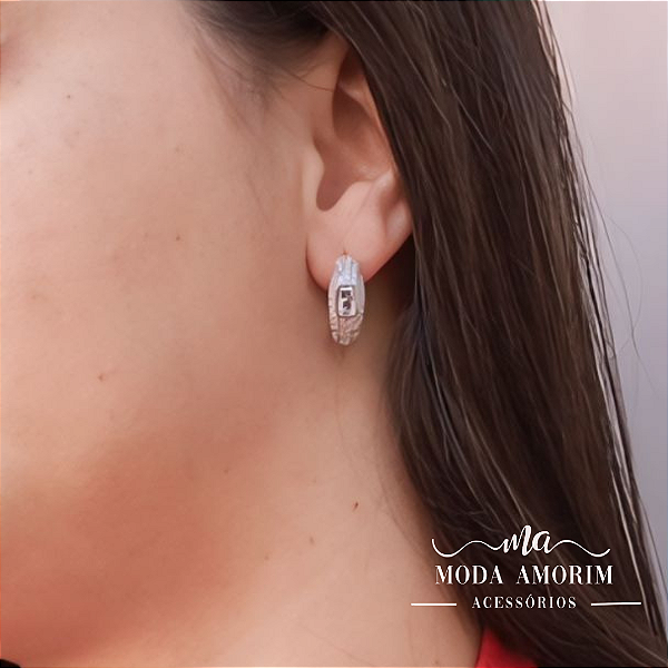 Brinco Argola Click Folheada a Prata Cravejada com Zirconia Cristal
