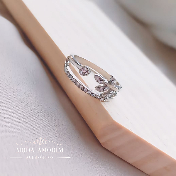 Anel Cravejado Folha Cristal - Prata 925