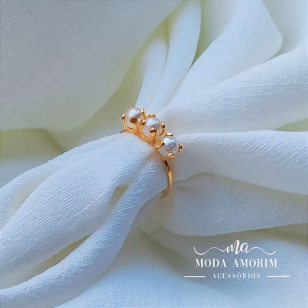 Anel Folheado Pérola - Ouro 18K