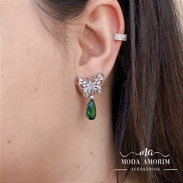 Brinco Borboleta Cristal Verde - Folheado Prata 925