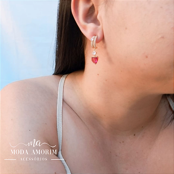 Brinco Cravejado Coração Rosa - Ouro 18K