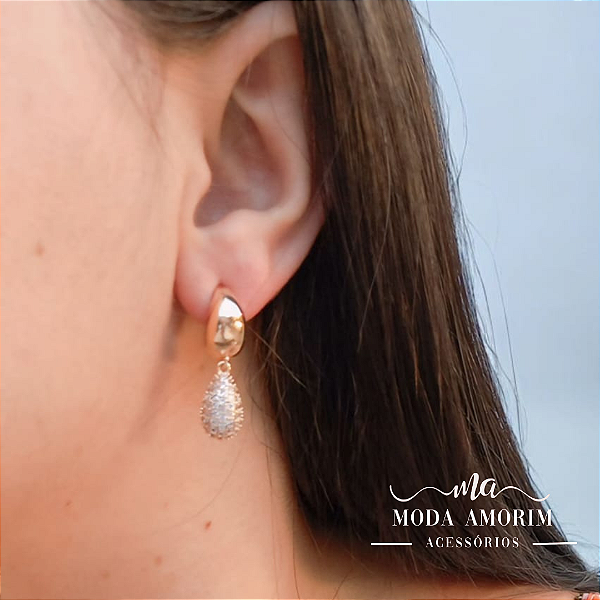Brinco Folheado Gota Cravejado - Ouro 18K