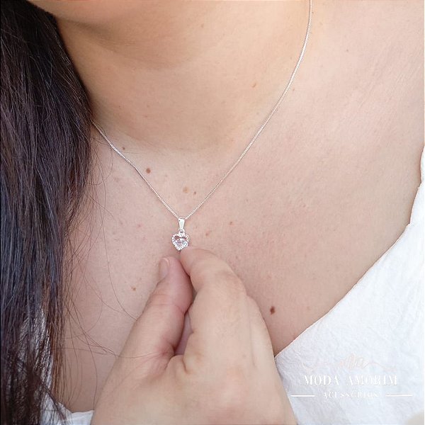 Colar Coração Cristal 45cm - Folheado Prata 925