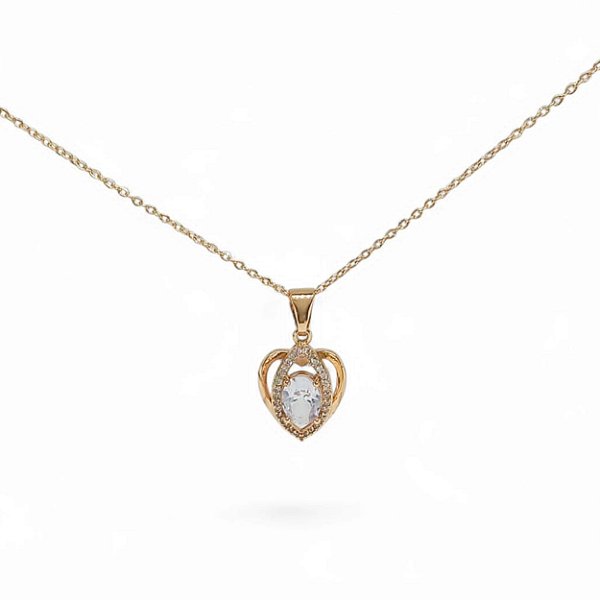 Colar Coração Cristal Cravejado 45cm - Folheado Ouro 18K