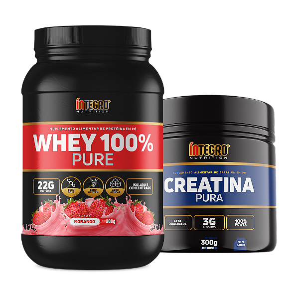 Whey 100% Morango 900g + Creatina Pura 300g