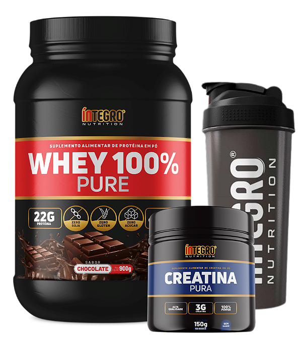 Whey 100% Chocolate 900g + Creatina Pura 150g + 1X Coqueteleira (Brinde)