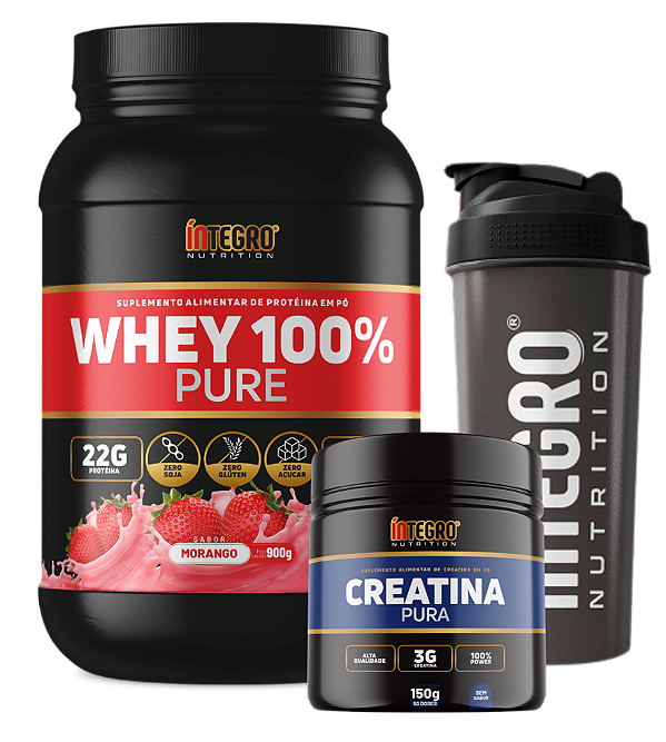 Whey 100% Morango 900g + Creatina Pura 150g + 1x Coqueteleira (Brinde)