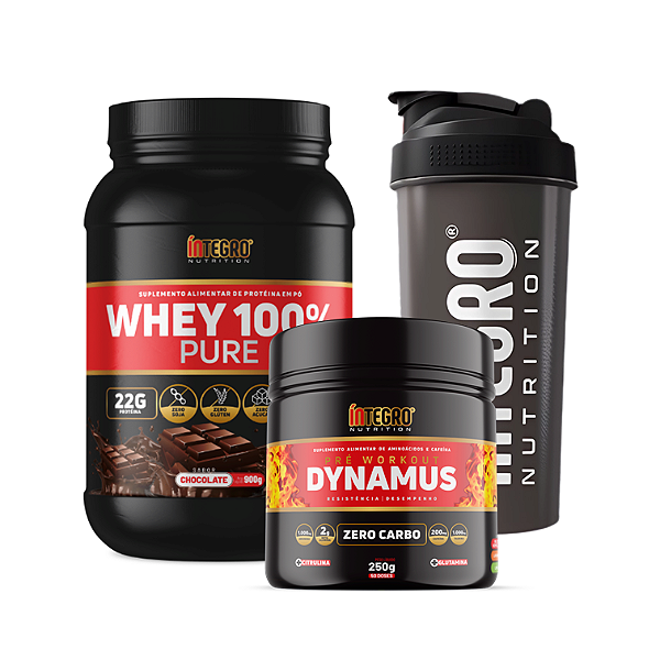 Whey 100% 900g Pote + Pré Treino Dynamus 250g + Coqueteleira 600ml