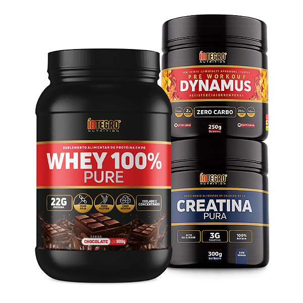 Whey 100% 900g Pote + Pré Treino Dynamus 250g + Creatina 300g