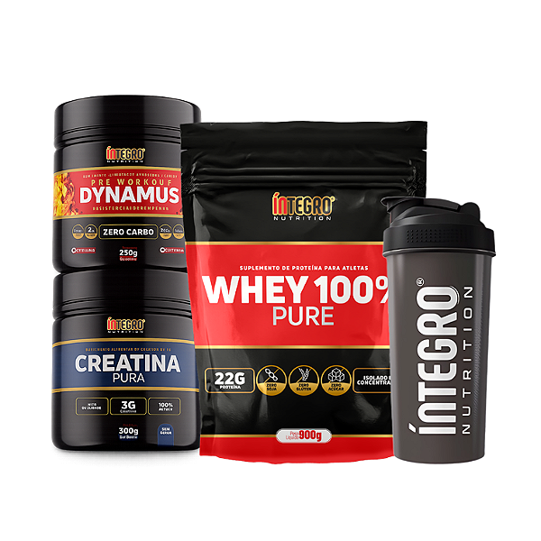 Whey 100% 900g Refil + Pré Treino Dynamus 250g + Creatina 300g + Coqueteleira 600ml