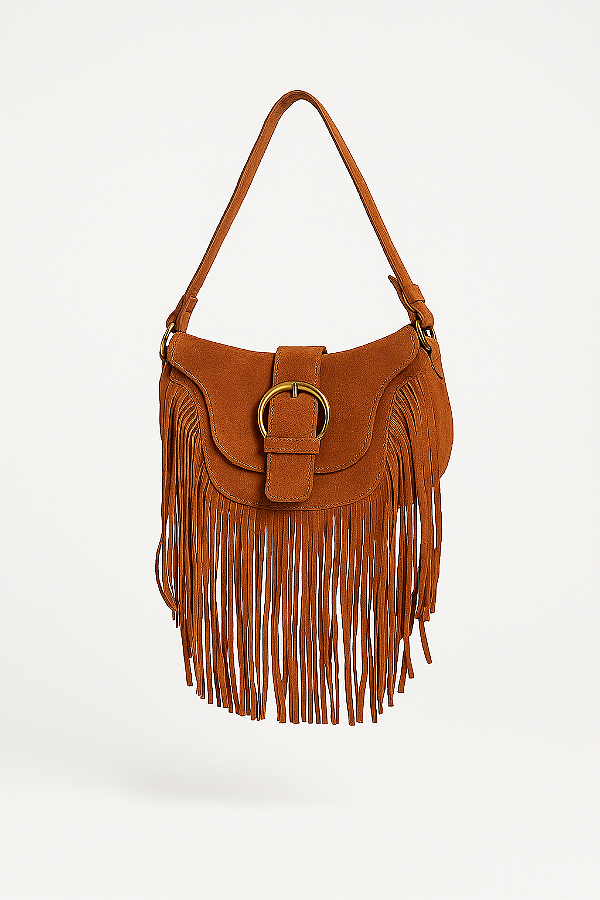 BOLSA BOHO DE FRANJAS EM COURO CAMURÇA | PATRICE