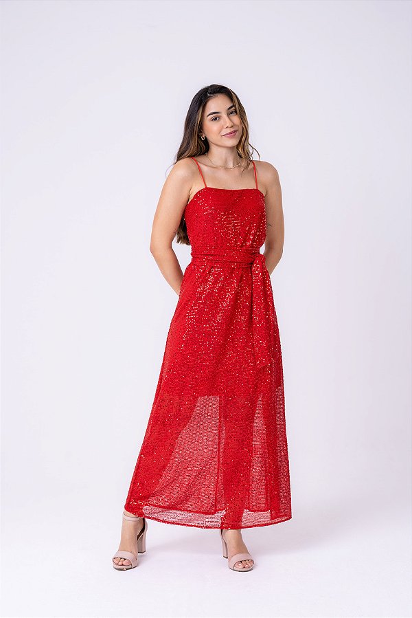 Vestido longuete de paetê com forro e faixa.