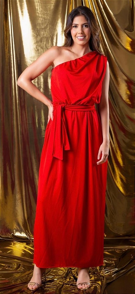 Vestido de malha Jersey longo em um ombro e com faixa.