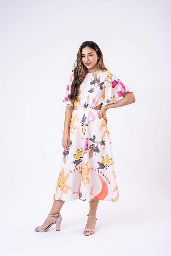 Vestido mid em linho estampado .