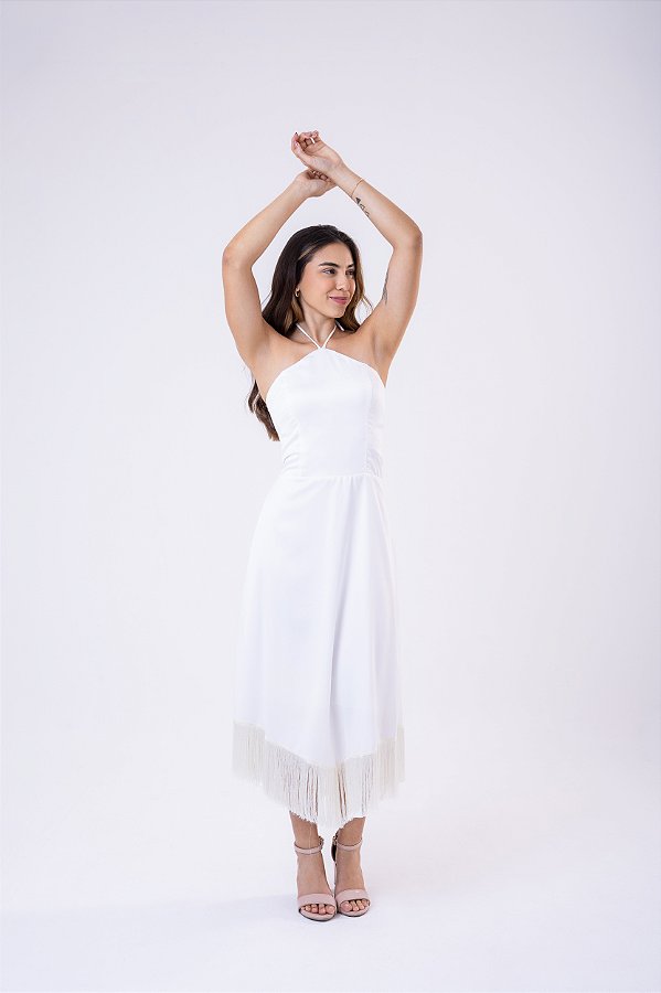 Vestido em alfaiataria com franja.