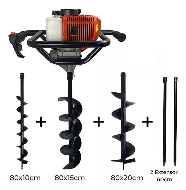 Perfurador de solo a gasolina 52cc com broca 80x20cm, 80x15cm, 80x10cm e 2pc extensor 60cm Marca Tssaper Modelo PS52CC-1