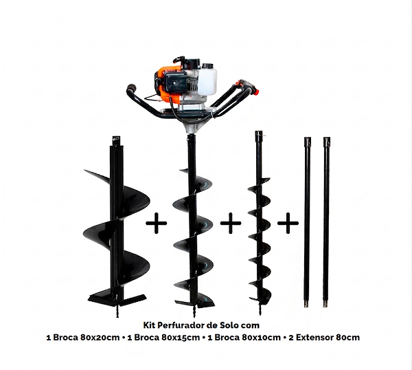 Perfurador de solo a gasolina 52cc com broca 80x20cm, 80x15cm, 80x10cm e 2pc extensor 80cm Marca Tssaper Modelo PS52CC-2