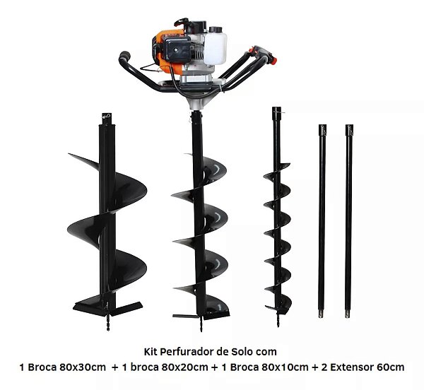 Perfurador de solo a gasolina 52cc com broca 80x20cm, 80x30cm, 80x10cm e 2pc extensor 60cm Marca Tssaper Modelo PS52CC-3
