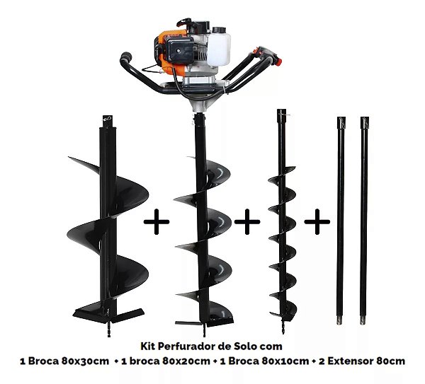 Perfurador de solo a gasolina 52cc com broca 80x20cm, 80x30cm, 80x10cm e 2pc extensor 80cm Marca Tssaper Modelo PS52CC-4