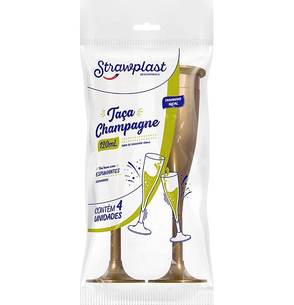 Taça Acrílica Champagne 120ml Dourada Pacote 4un Strawplast